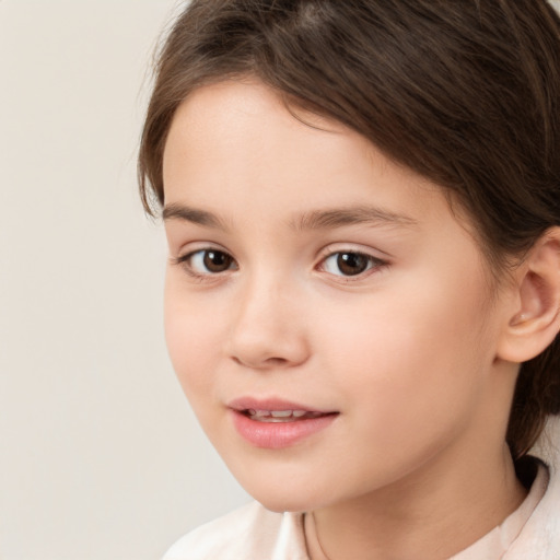 Joyful white child female with medium  brown hair and brown eyes