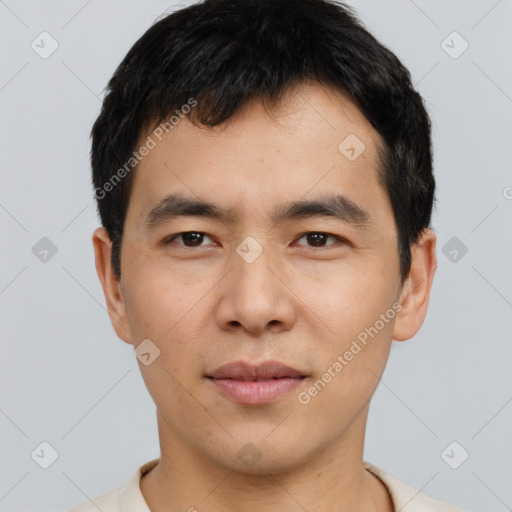 Neutral asian young-adult male with short  black hair and brown eyes