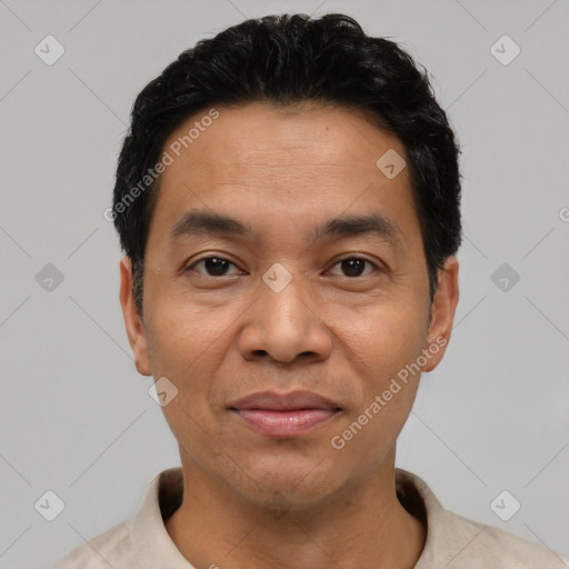 Joyful latino adult male with short  black hair and brown eyes