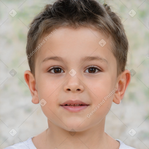 Joyful white child male with short  brown hair and brown eyes