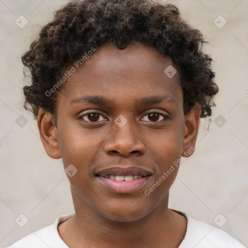 Joyful black young-adult male with short  brown hair and brown eyes