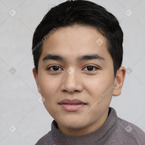 Neutral asian young-adult male with short  black hair and brown eyes