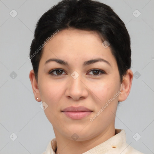 Joyful asian young-adult female with short  black hair and brown eyes