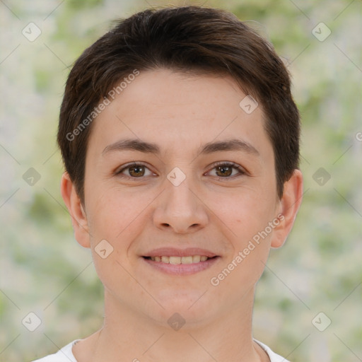 Joyful white young-adult female with short  brown hair and brown eyes