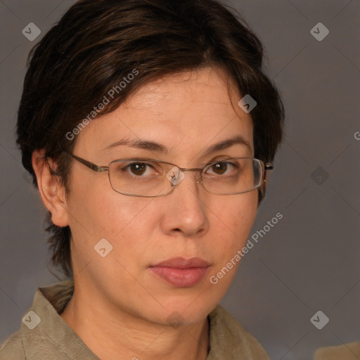 Neutral white adult female with medium  brown hair and brown eyes