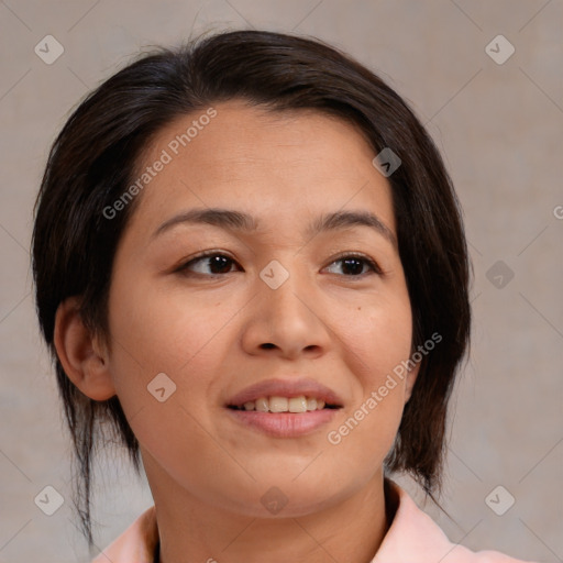 Joyful white young-adult female with medium  brown hair and brown eyes