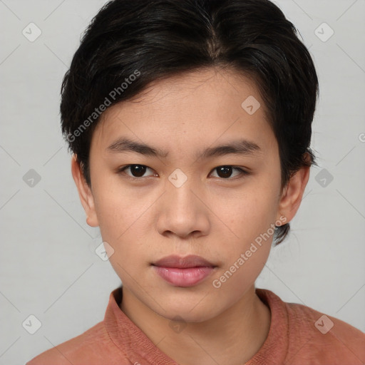 Neutral asian young-adult female with short  brown hair and brown eyes