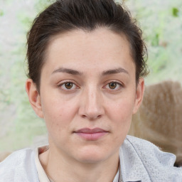 Neutral white young-adult female with short  brown hair and brown eyes