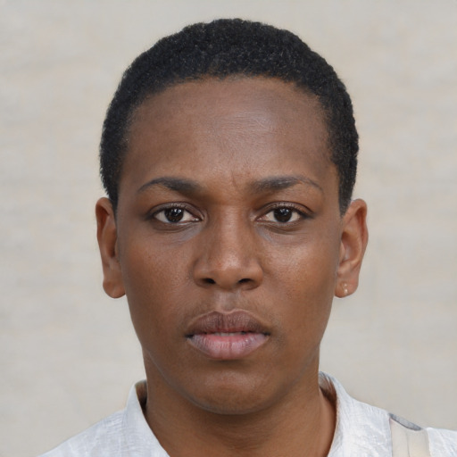 Neutral black young-adult female with short  black hair and brown eyes