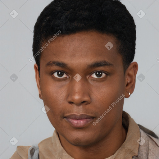 Neutral black young-adult male with short  black hair and brown eyes