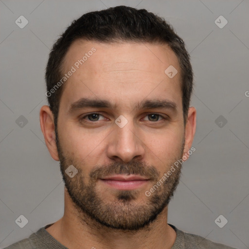 Neutral white young-adult male with short  brown hair and brown eyes