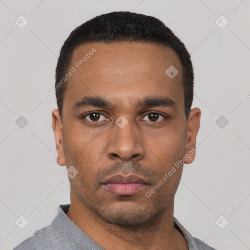 Neutral latino young-adult male with short  black hair and brown eyes