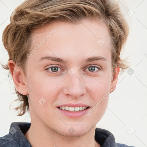 Joyful white young-adult female with medium  brown hair and blue eyes