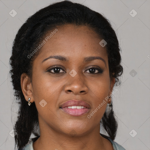 Joyful black young-adult female with medium  brown hair and brown eyes