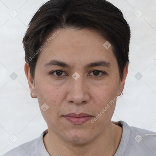 Joyful white young-adult female with short  brown hair and brown eyes