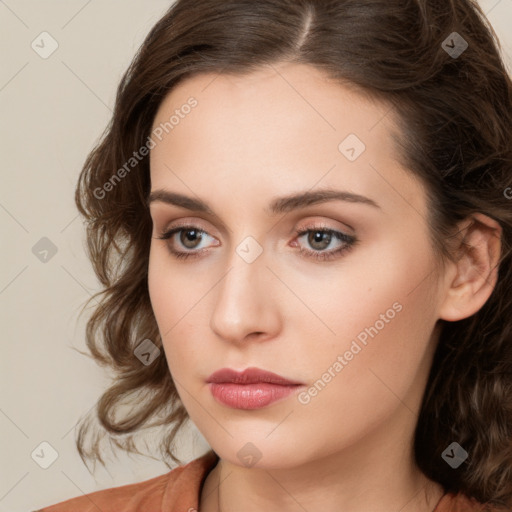 Neutral white young-adult female with medium  brown hair and brown eyes