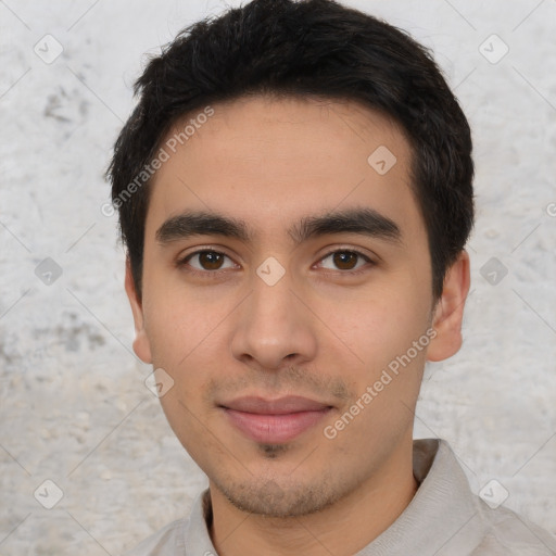 Neutral asian young-adult male with short  black hair and brown eyes