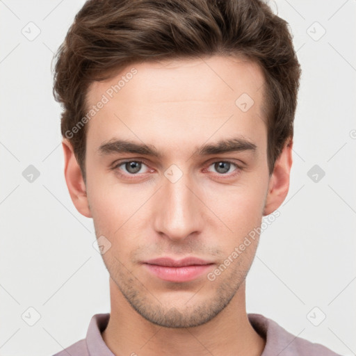 Neutral white young-adult male with short  brown hair and brown eyes