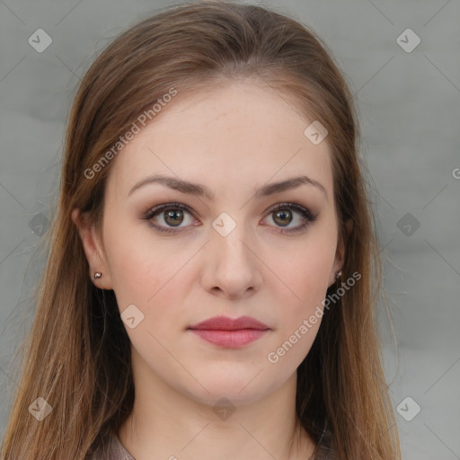 Neutral white young-adult female with long  brown hair and brown eyes