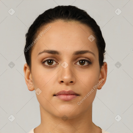 Neutral latino young-adult female with short  brown hair and brown eyes