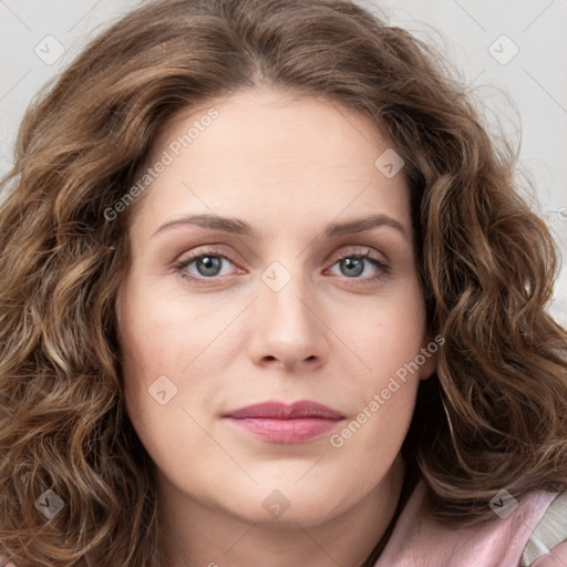 Joyful white young-adult female with long  brown hair and green eyes