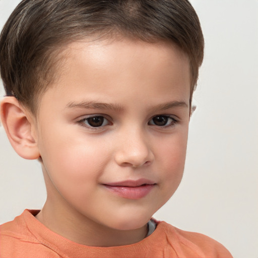 Joyful white child female with short  brown hair and brown eyes