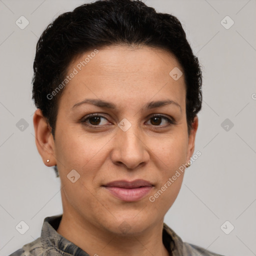 Joyful white adult female with short  brown hair and brown eyes