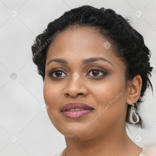 Joyful latino young-adult female with short  brown hair and brown eyes