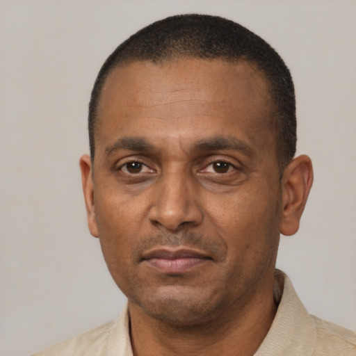 Neutral black adult male with short  black hair and brown eyes
