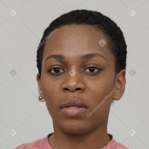 Neutral black young-adult female with short  black hair and brown eyes