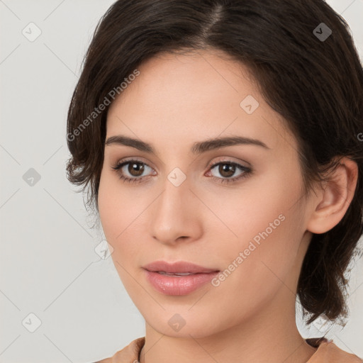 Neutral white young-adult female with medium  brown hair and brown eyes