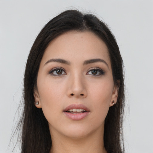 Neutral asian young-adult female with long  brown hair and brown eyes