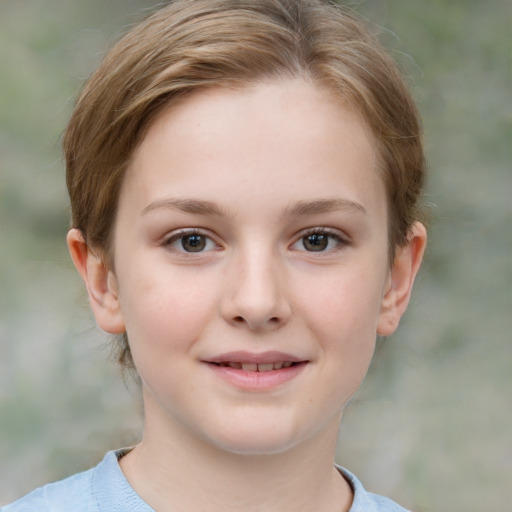 Joyful white child female with short  brown hair and brown eyes