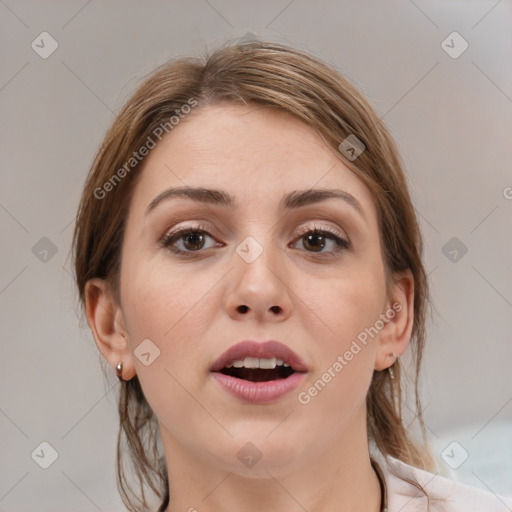 Joyful white young-adult female with medium  brown hair and grey eyes