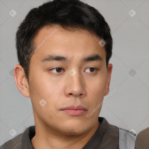 Neutral asian young-adult male with short  brown hair and brown eyes