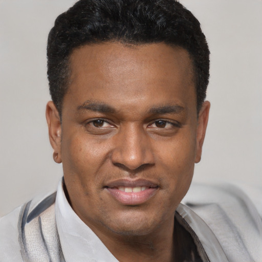 Joyful black young-adult male with short  black hair and brown eyes