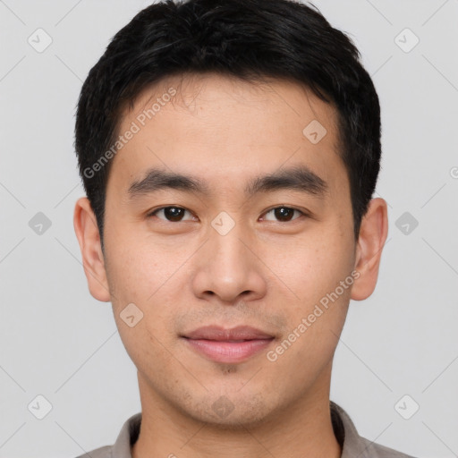 Neutral asian young-adult male with short  black hair and brown eyes