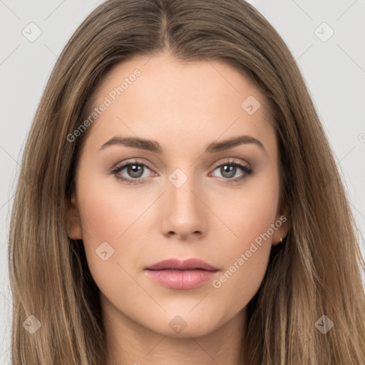 Neutral white young-adult female with long  brown hair and brown eyes