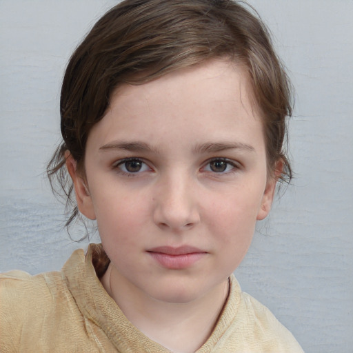 Neutral white child female with medium  brown hair and blue eyes