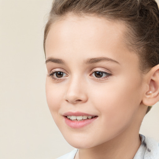 Joyful white child female with medium  brown hair and brown eyes