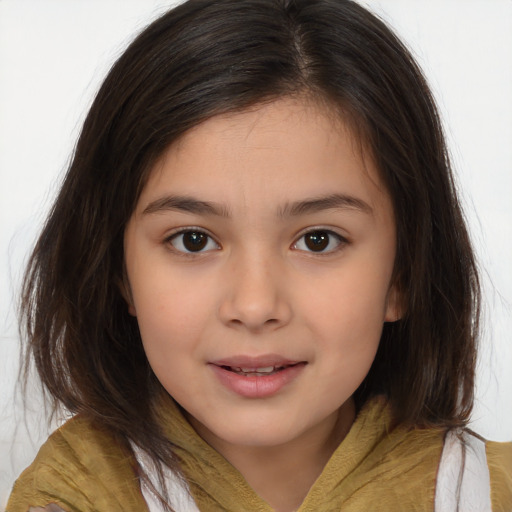 Joyful white child female with medium  brown hair and brown eyes