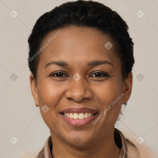 Joyful latino young-adult female with short  black hair and brown eyes