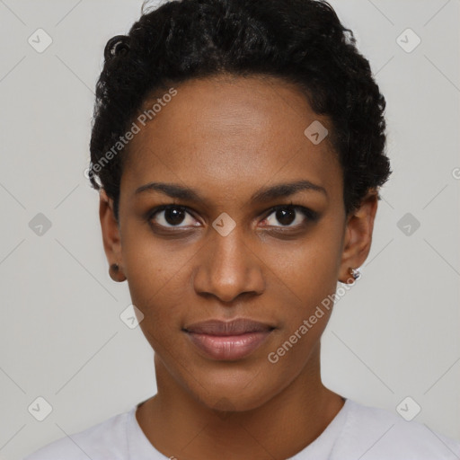 Neutral black young-adult female with short  black hair and brown eyes