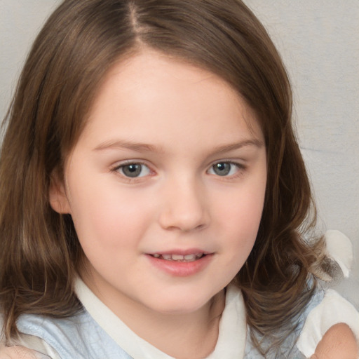 Joyful white child female with medium  brown hair and brown eyes