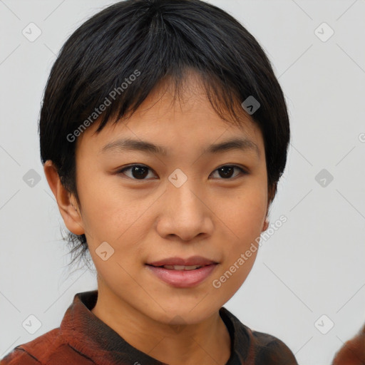 Joyful asian young-adult female with short  black hair and brown eyes