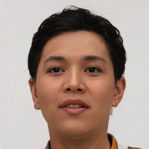 Neutral asian young-adult female with short  black hair and brown eyes
