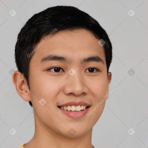 Joyful asian young-adult male with short  black hair and brown eyes