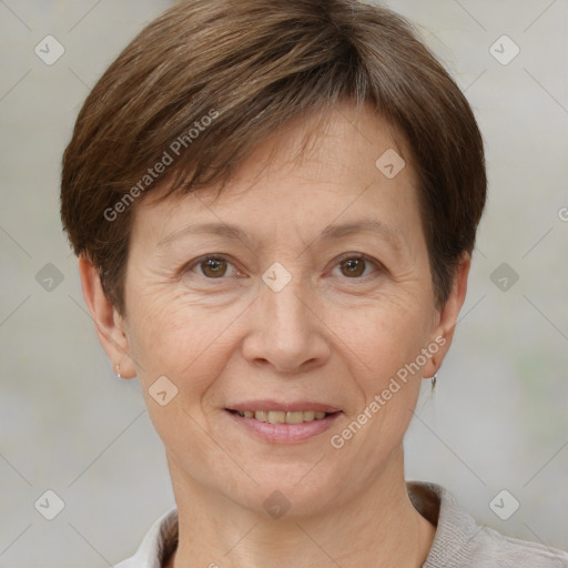 Joyful white adult female with short  brown hair and brown eyes