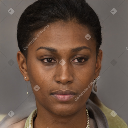 Neutral black young-adult female with short  brown hair and brown eyes