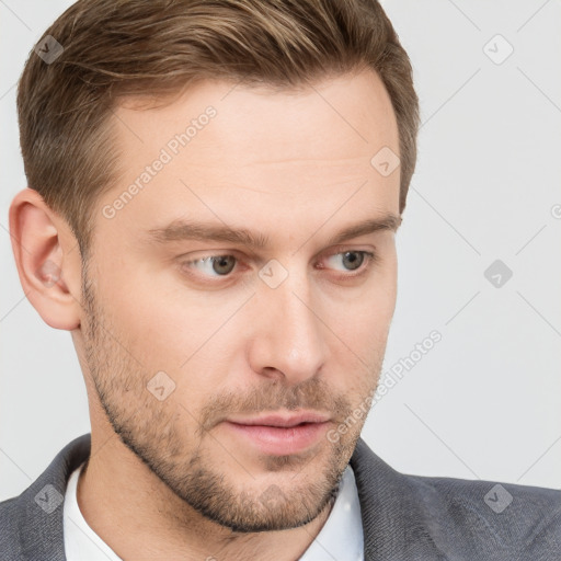 Neutral white young-adult male with short  brown hair and grey eyes